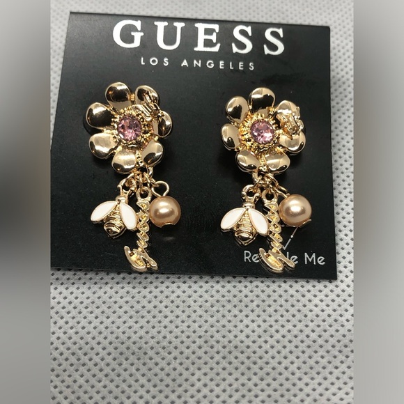 Guess gold tone flower bud pink tourmaline‎ gemstone look dangle charm earrings - Picture 12 of 16
